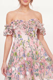Off the Shoulder A Line Pink Floral Short Graduation Dress with Ruffles