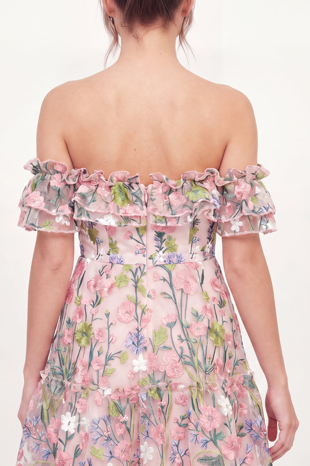 Zapaka Women Pink Mini Graduation Dress A-Line Off the Shoulder Tulle Floral Embroidered Cocktail Dress, Pink / US16W