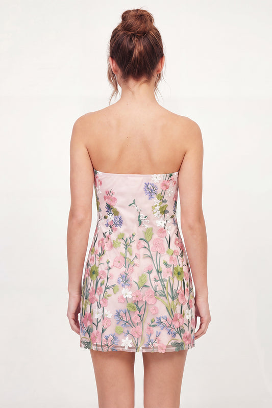 Pink Floral Strapless A Line Short Graduation Dress