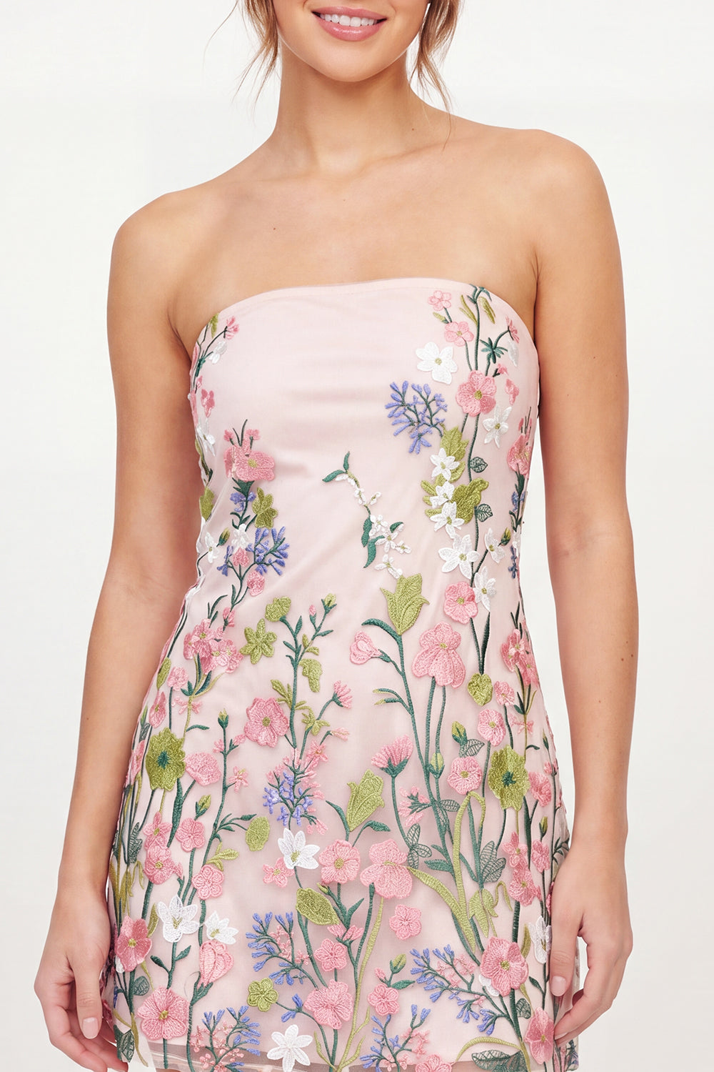 Pink Floral Strapless A Line Short Graduation Dress