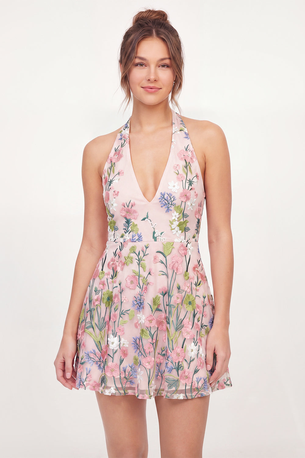 Short Pink Floral Halter A Line Graduation Dress