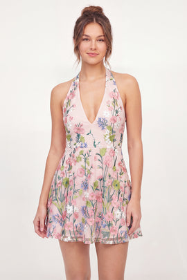 Short Pink Floral Halter A Line Graduation Dress