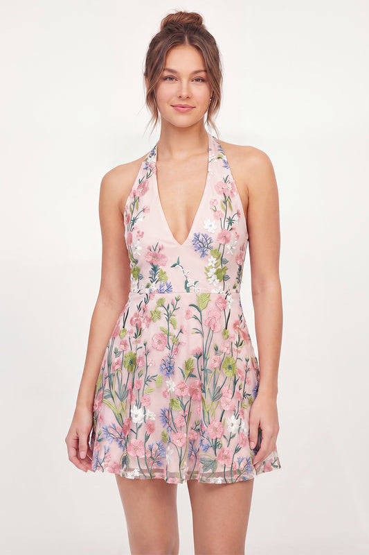 Short Pink Floral Halter A Line Graduation Dress