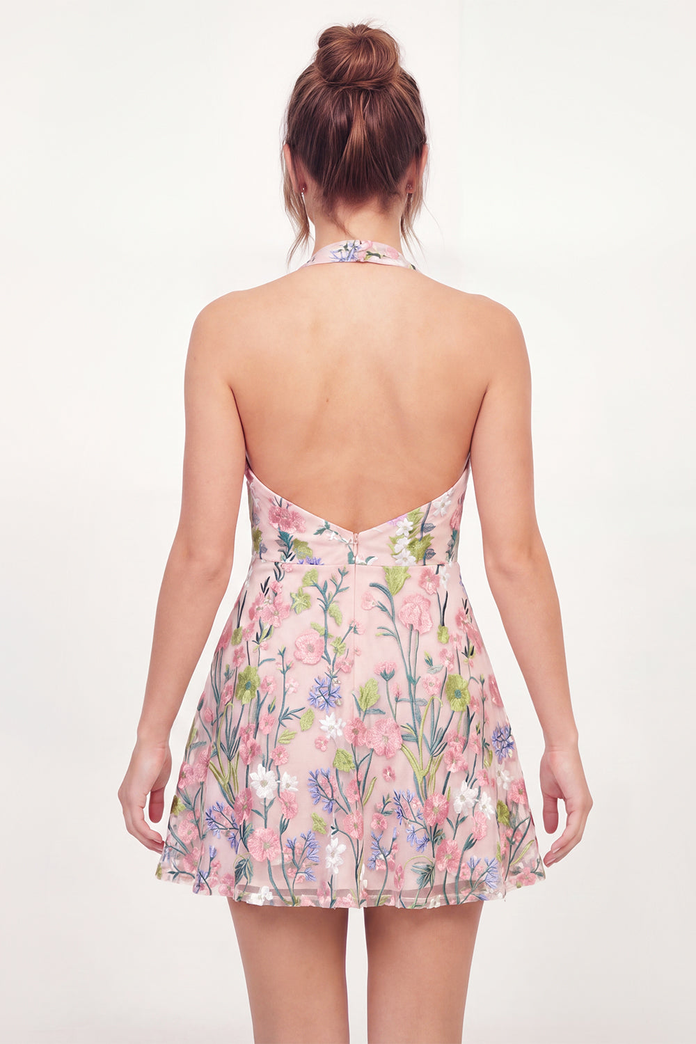 Short Pink Floral Halter A Line Graduation Dress