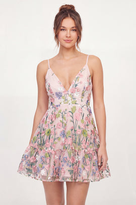 A Line Short Pink Floral V-Neck Graduation Dress