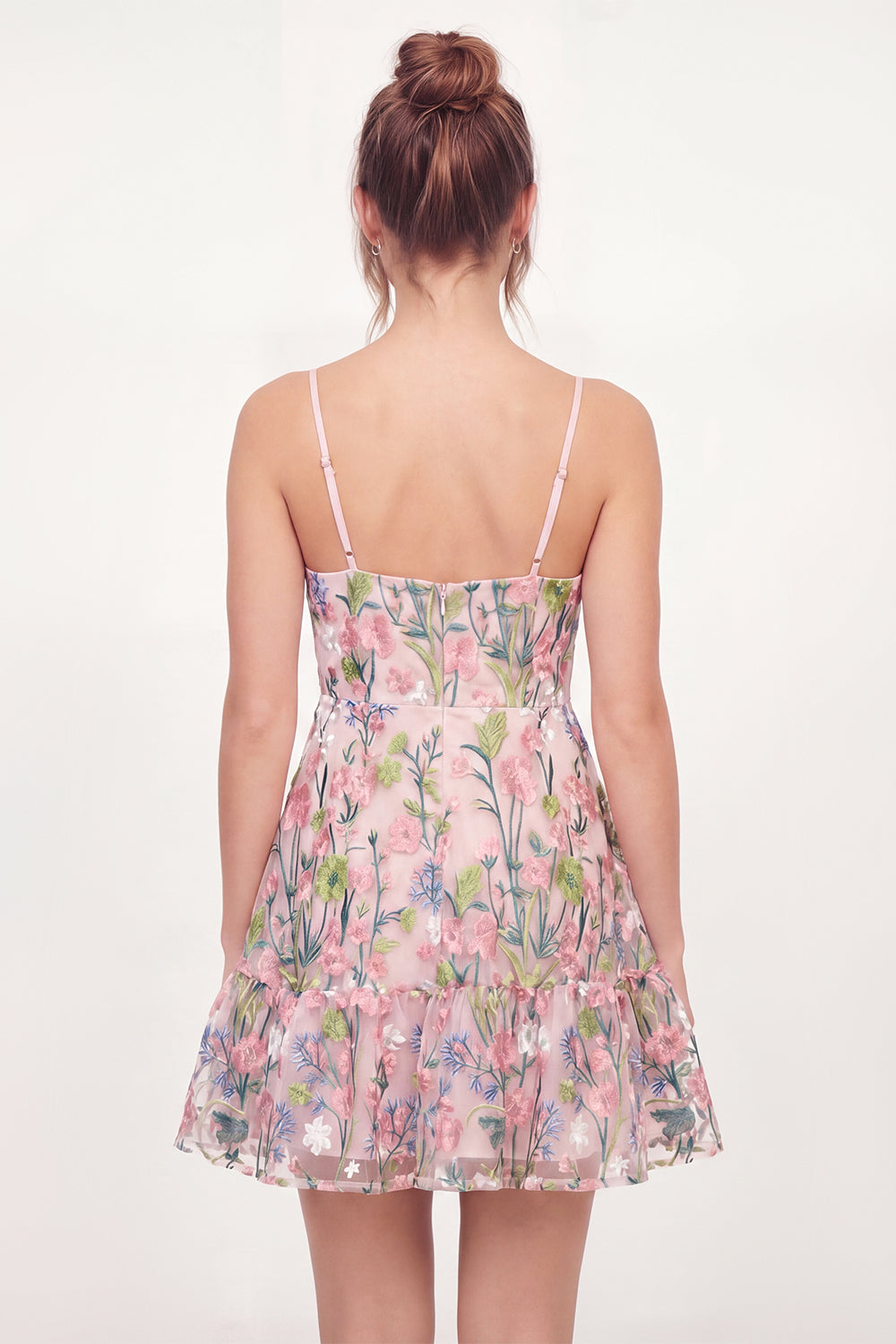 A Line Short Pink Floral V-Neck Graduation Dress
