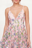 A Line Short Pink Floral V-Neck Graduation Dress