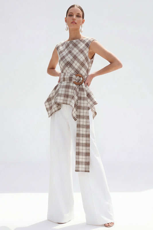 Bateau Neck Brown Grid 2 Piece Wide Leg Women Business Suits with Belt