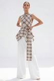 Bateau Neck Brown Grid 2 Piece Wide Leg Women Business Suits with Belt
