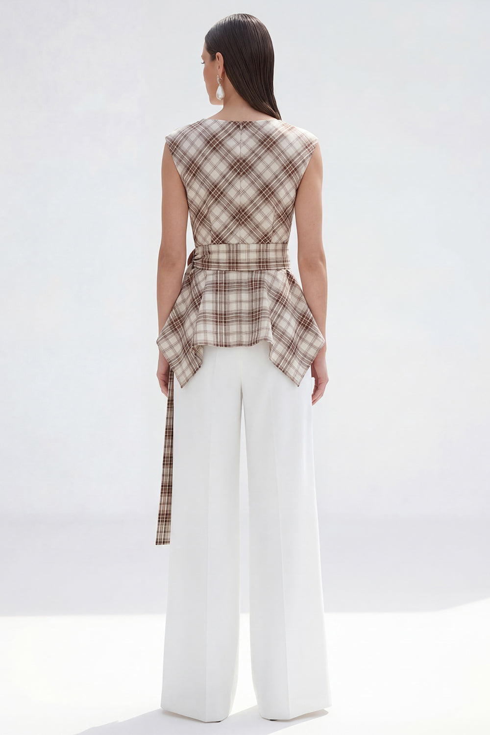 Bateau Neck Brown Grid 2 Piece Wide Leg Women Business Suits with Belt