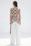Bateau Neck Brown Grid 2 Piece Wide Leg Women Business Suits with Belt