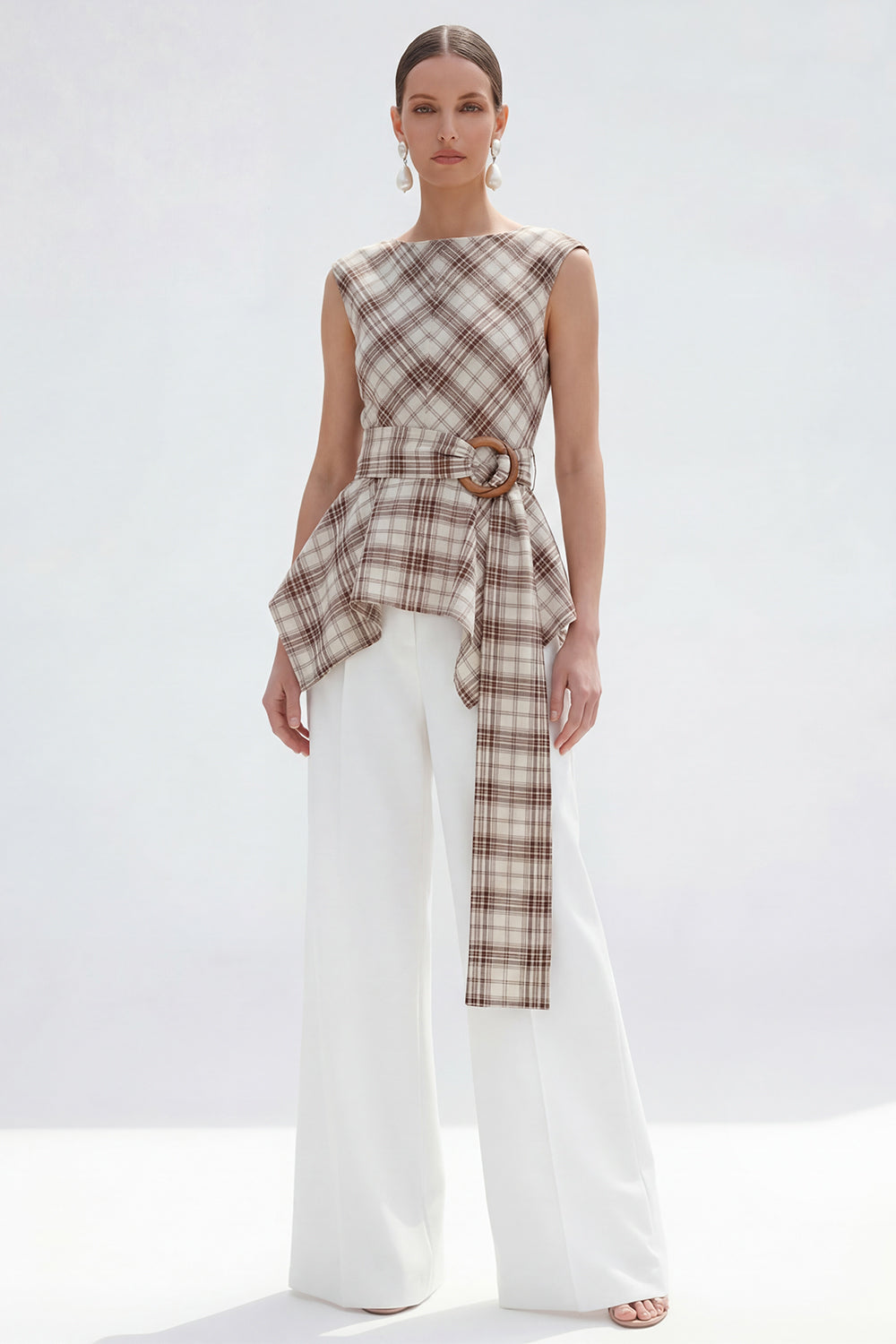 Bateau Neck Brown Grid 2 Piece Wide Leg Women Business Suits with Belt