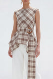 Bateau Neck Brown Grid 2 Piece Wide Leg Women Business Suits with Belt