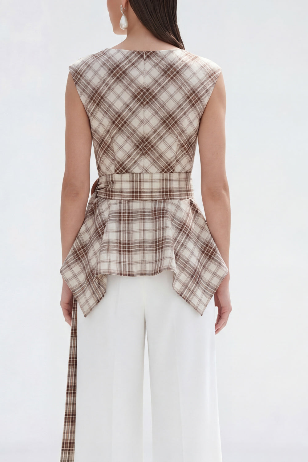 Bateau Neck Brown Grid 2 Piece Wide Leg Women Business Suits with Belt