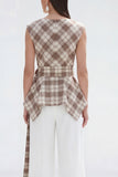 Bateau Neck Brown Grid 2 Piece Wide Leg Women Business Suits with Belt