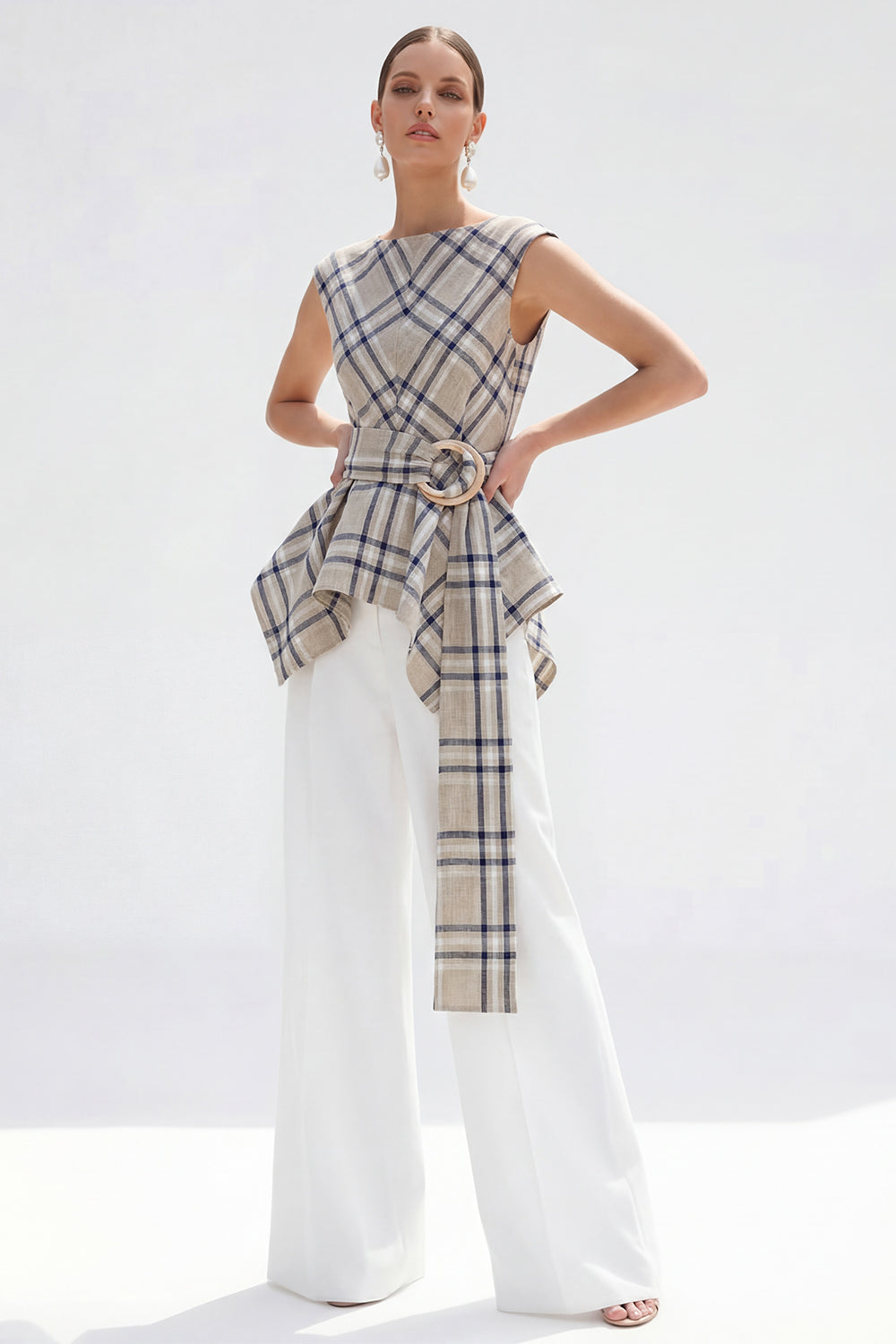 Bateau Neck Brown Grid 2 Piece Wide Leg Women Business Suits with Belt