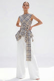 Bateau Neck Brown Grid 2 Piece Wide Leg Women Business Suits with Belt