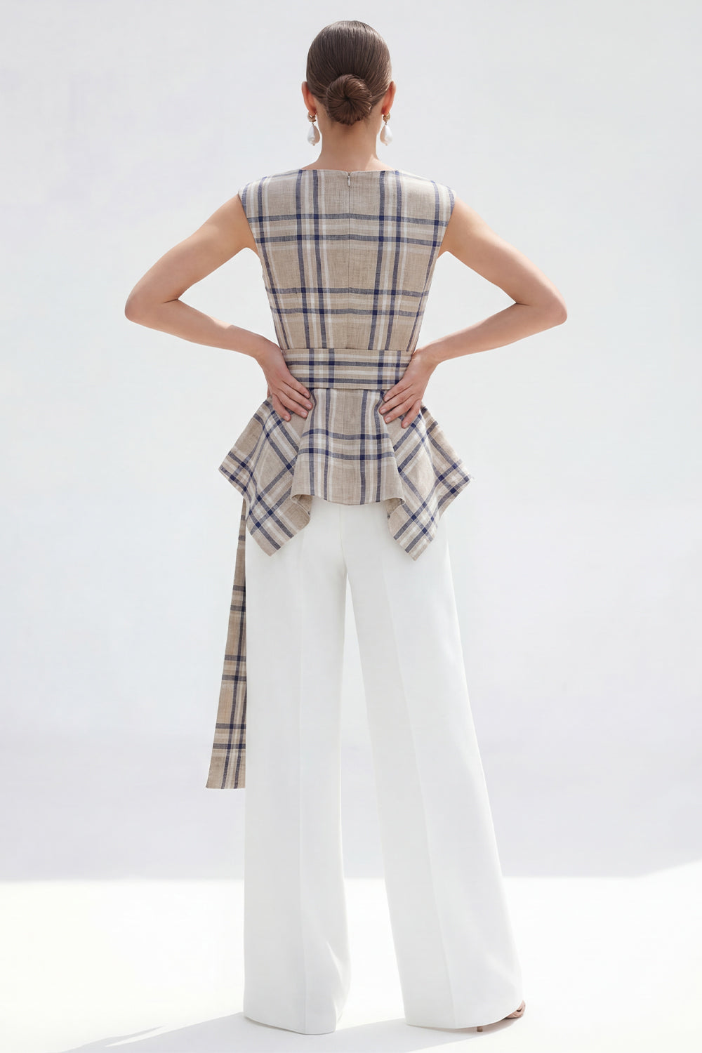 Bateau Neck Brown Grid 2 Piece Wide Leg Women Business Suits with Belt