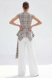 Bateau Neck Brown Grid 2 Piece Wide Leg Women Business Suits with Belt
