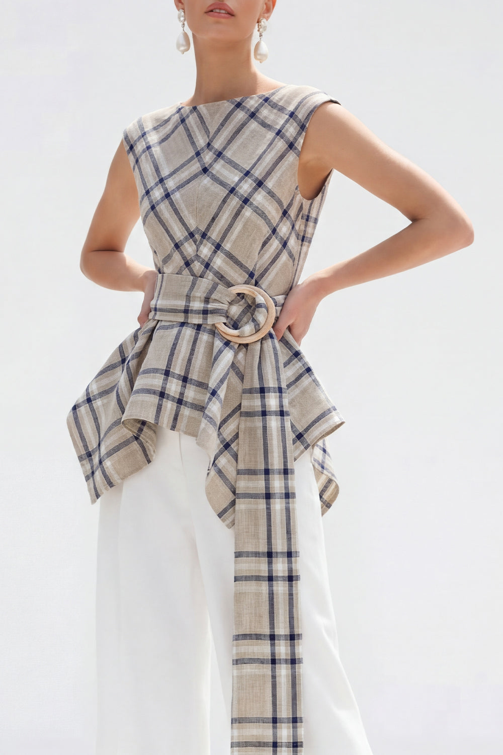 Bateau Neck Brown Grid 2 Piece Wide Leg Women Business Suits with Belt