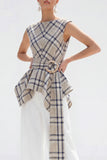 Bateau Neck Brown Grid 2 Piece Wide Leg Women Business Suits with Belt