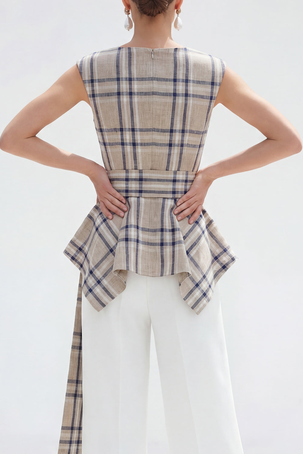 Bateau Neck Brown Grid 2 Piece Wide Leg Women Business Suits with Belt