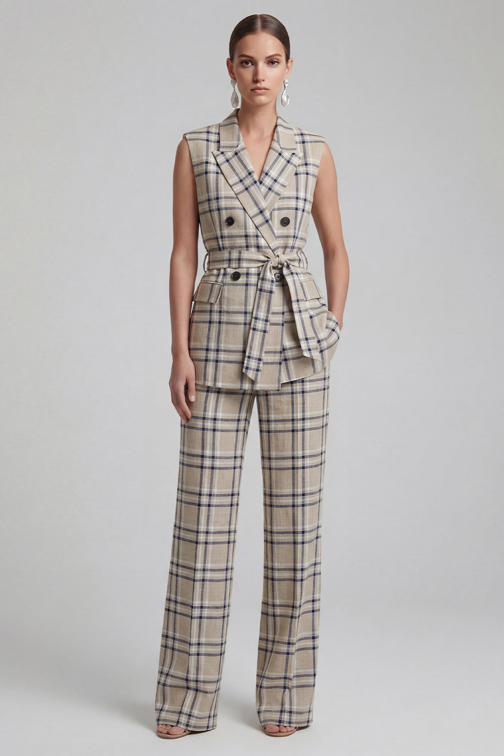 Grey Grid 2 Piece Peak Lapel Double Breasted Women Business Suits with Pockets