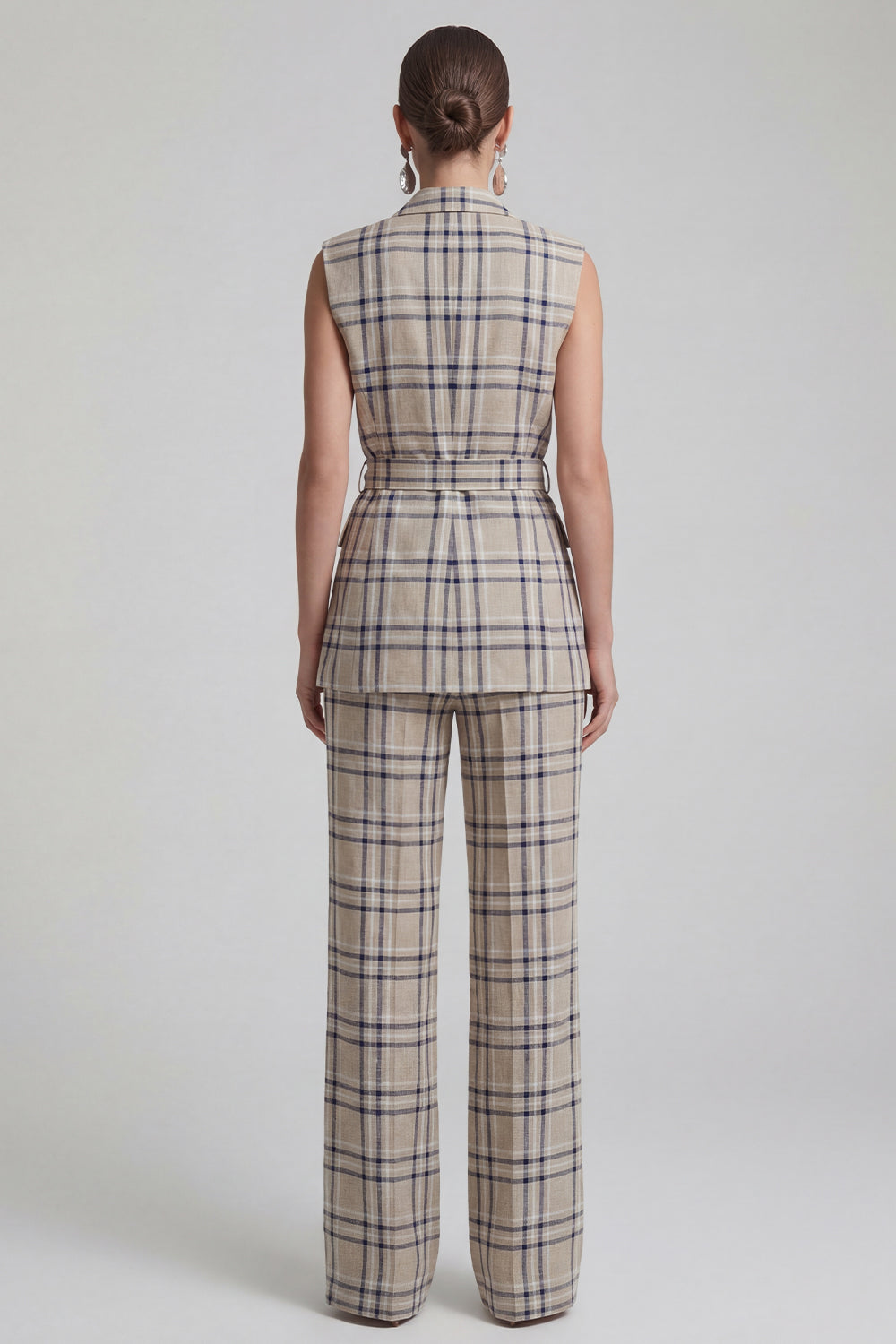 Grey Grid 2 Piece Peak Lapel Double Breasted Women Business Suits with Pockets