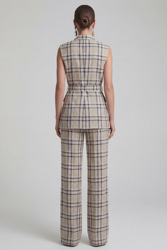 Grey Grid 2 Piece Peak Lapel Double Breasted Women Business Suits with Pockets