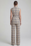 Grey Grid 2 Piece Peak Lapel Double Breasted Women Business Suits with Pockets