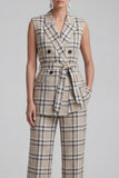 Grey Grid 2 Piece Peak Lapel Double Breasted Women Business Suits with Pockets