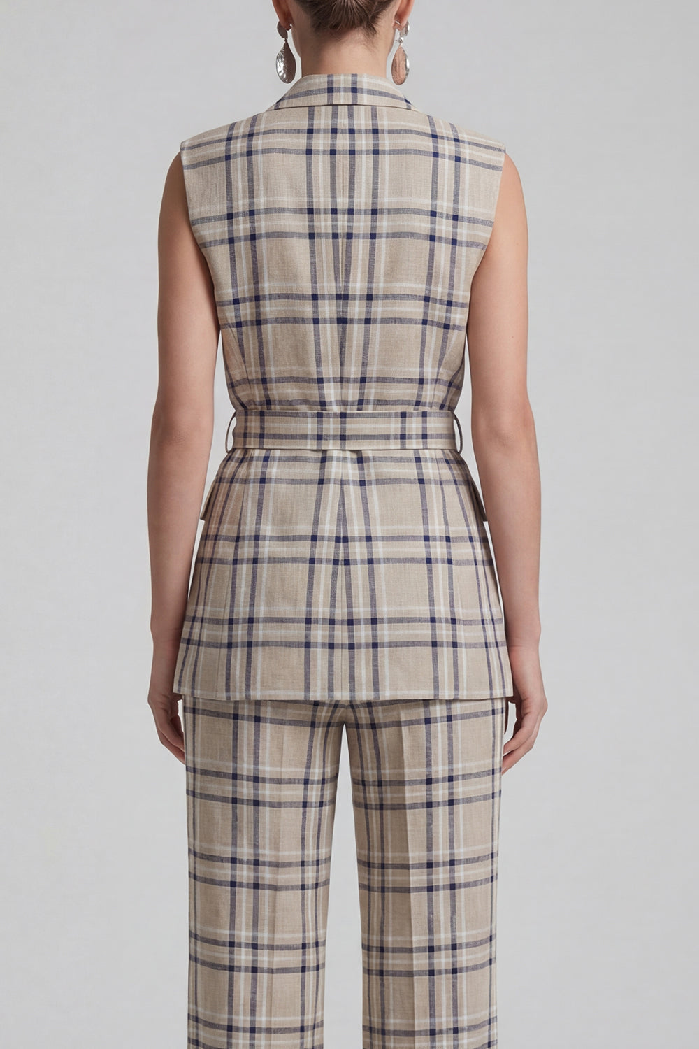 Grey Grid 2 Piece Peak Lapel Double Breasted Women Business Suits with Pockets