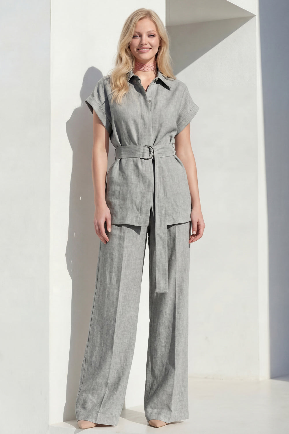 Short Sleeves Grey 2 Piece Single Breasted Wide Leg Women Business Suits with Belt