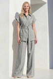 Short Sleeves Grey 2 Piece Single Breasted Wide Leg Women Business Suits with Belt