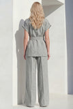 Short Sleeves Grey 2 Piece Single Breasted Wide Leg Women Business Suits with Belt