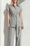 Short Sleeves Grey 2 Piece Single Breasted Wide Leg Women Business Suits with Belt