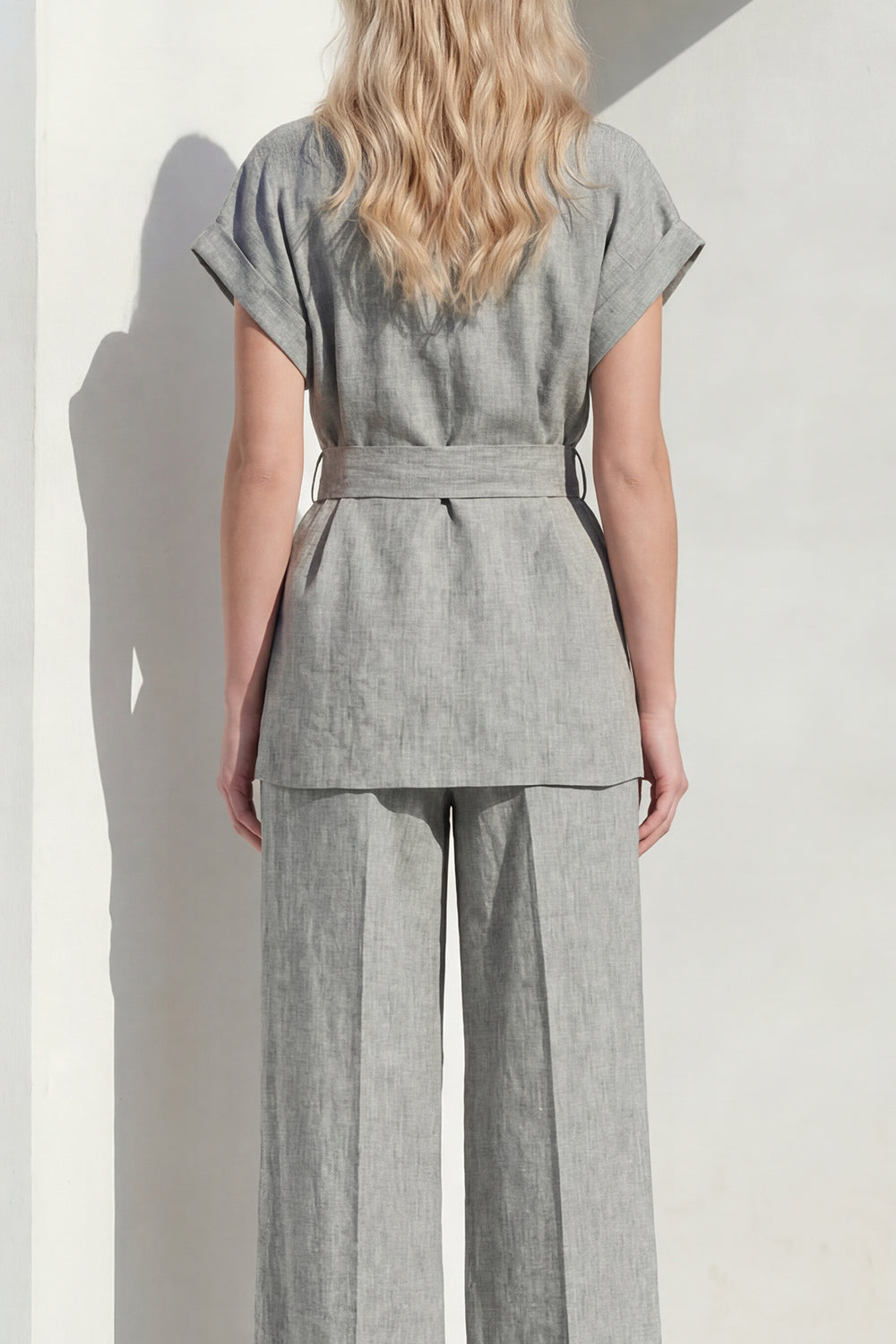 Short Sleeves Grey 2 Piece Single Breasted Wide Leg Women Business Suits with Belt