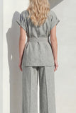 Short Sleeves Grey 2 Piece Single Breasted Wide Leg Women Business Suits with Belt