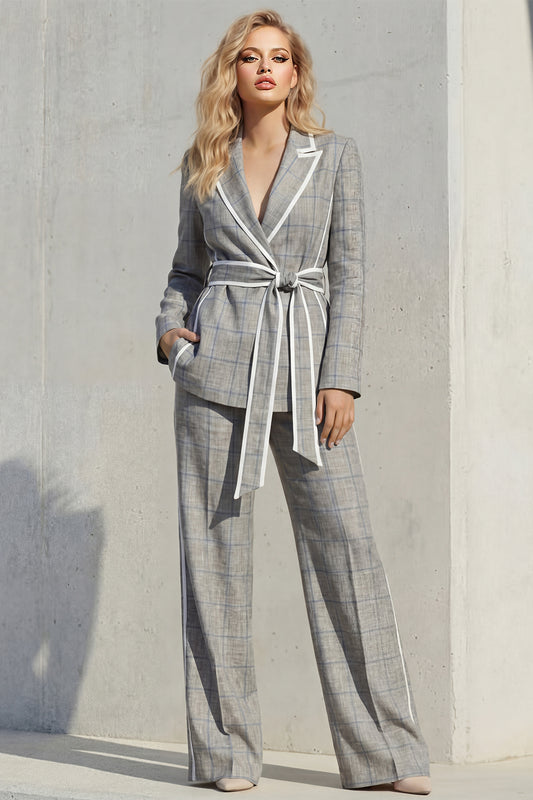 Grey 2 Piece Peak Lapel Wide Leg Women Business Suits with Pockets