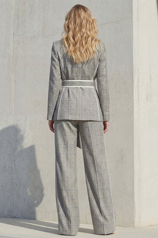 Grey 2 Piece Peak Lapel Wide Leg Women Business Suits with Pockets