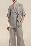 Half Sleeves Grey 2 Piece Notched Lapel Women Business Suits with Pockets