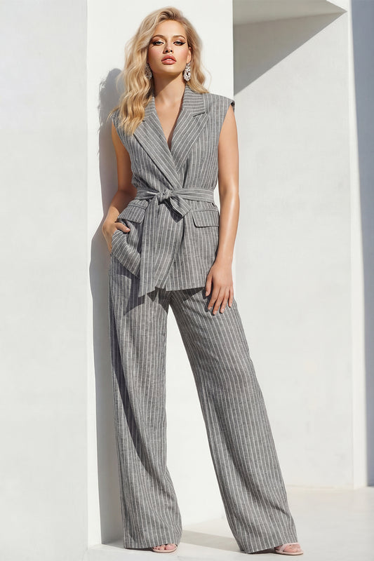 Peak Lapel Grey 2 Piece Striped Wide Leg Women Business Suits with Pockets