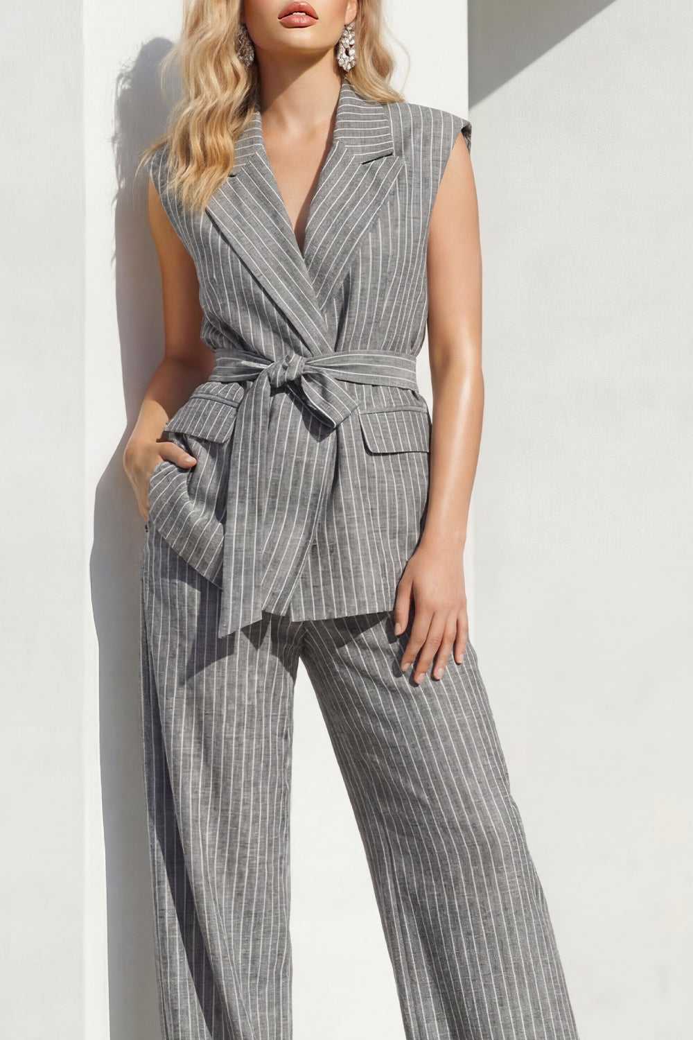 Peak Lapel Grey 2 Piece Striped Wide Leg Women Business Suits with Pockets