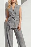 Peak Lapel Grey 2 Piece Striped Wide Leg Women Business Suits with Pockets
