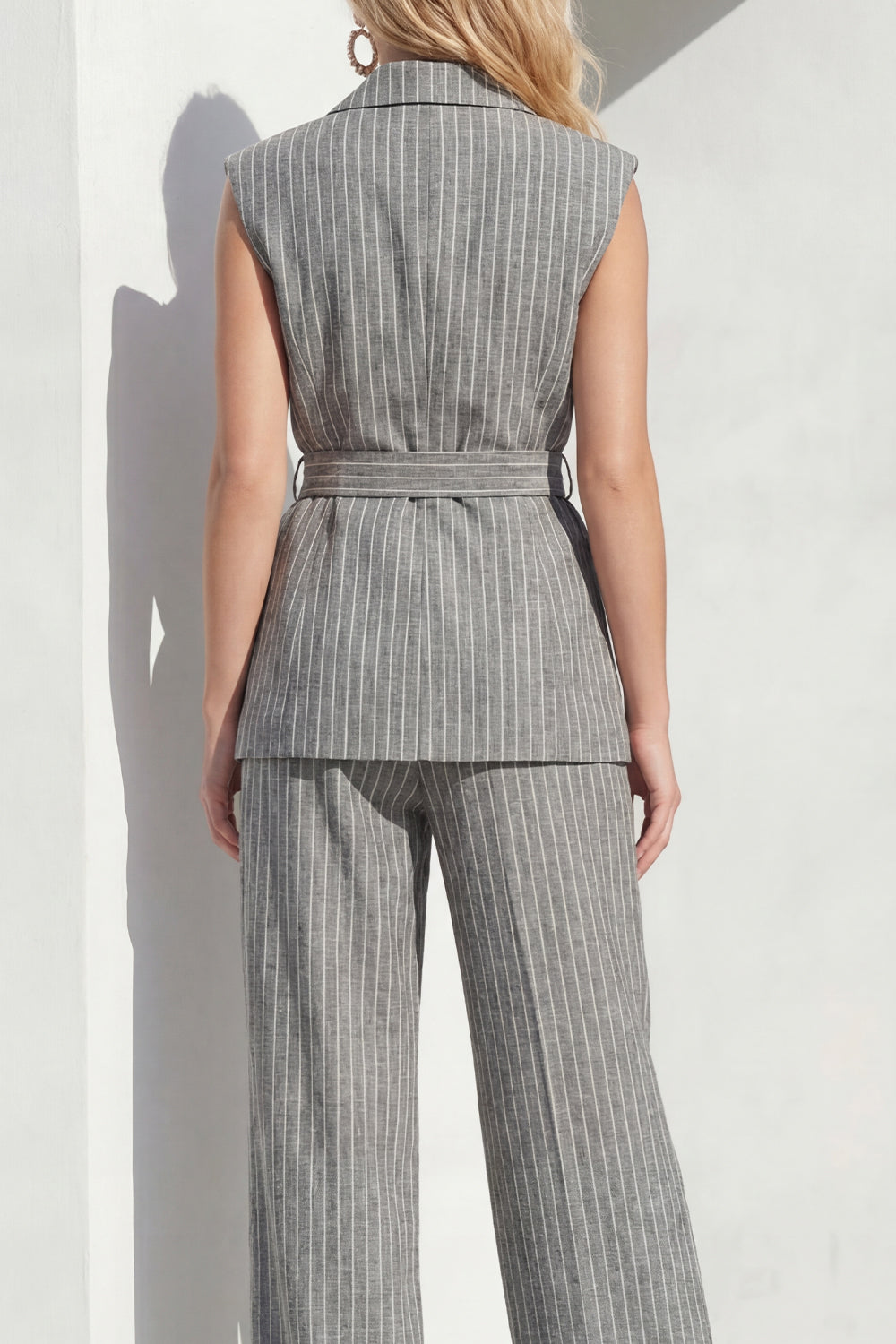 Peak Lapel Grey 2 Piece Striped Wide Leg Women Business Suits with Pockets