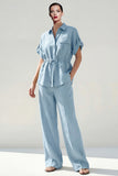 Blue Short Sleeves 2 Piece Single Breasted Business Suits with Pockets