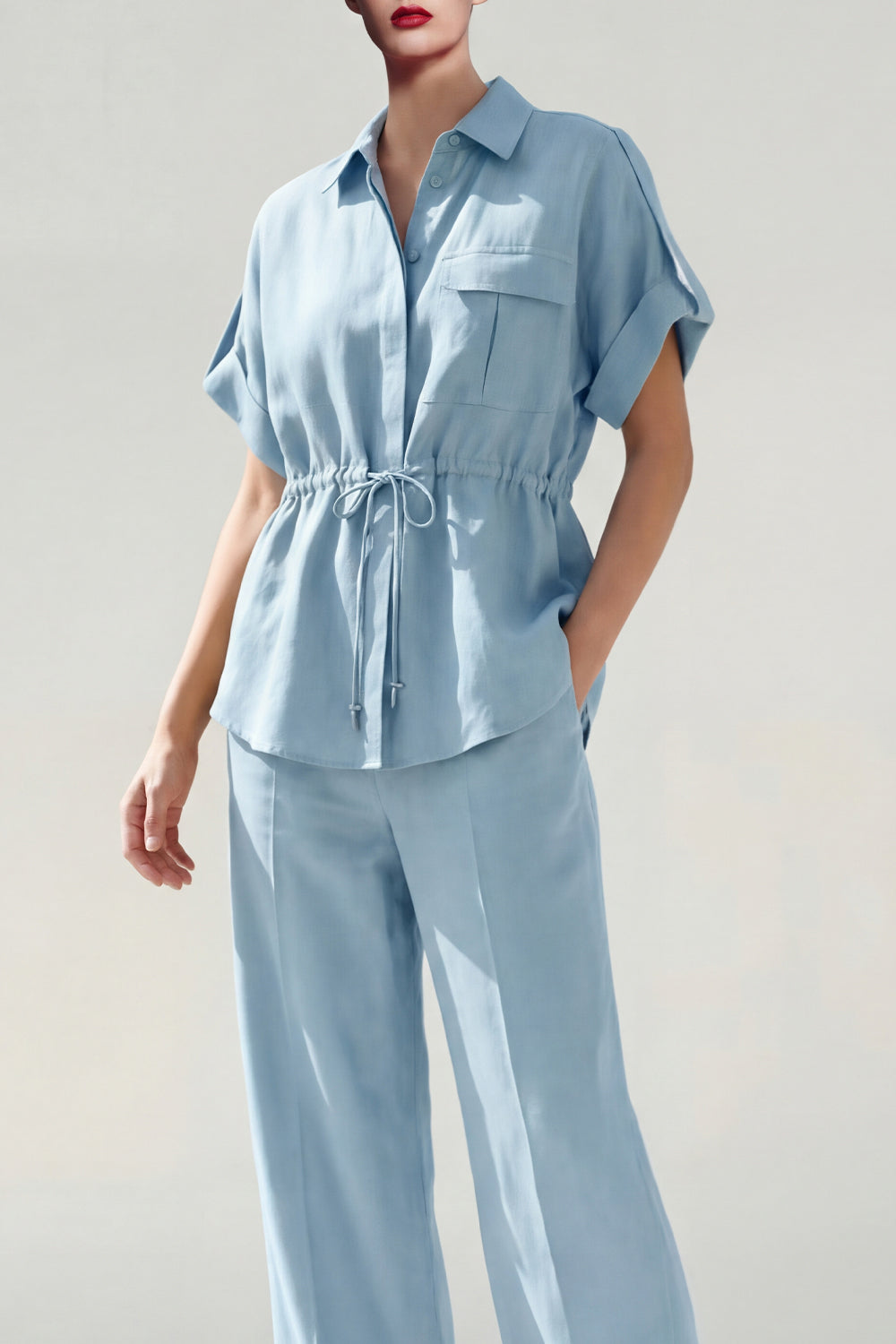 Blue Short Sleeves 2 Piece Single Breasted Business Suits with Pockets