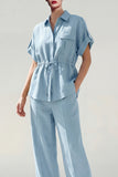 Blue Short Sleeves 2 Piece Single Breasted Business Suits with Pockets