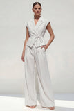 White Cap Sleeves 2 Piece Notched Lapel Striped Business Suits with Pockets