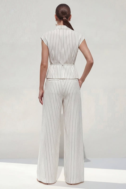 White Cap Sleeves 2 Piece Notched Lapel Striped Business Suits with Pockets